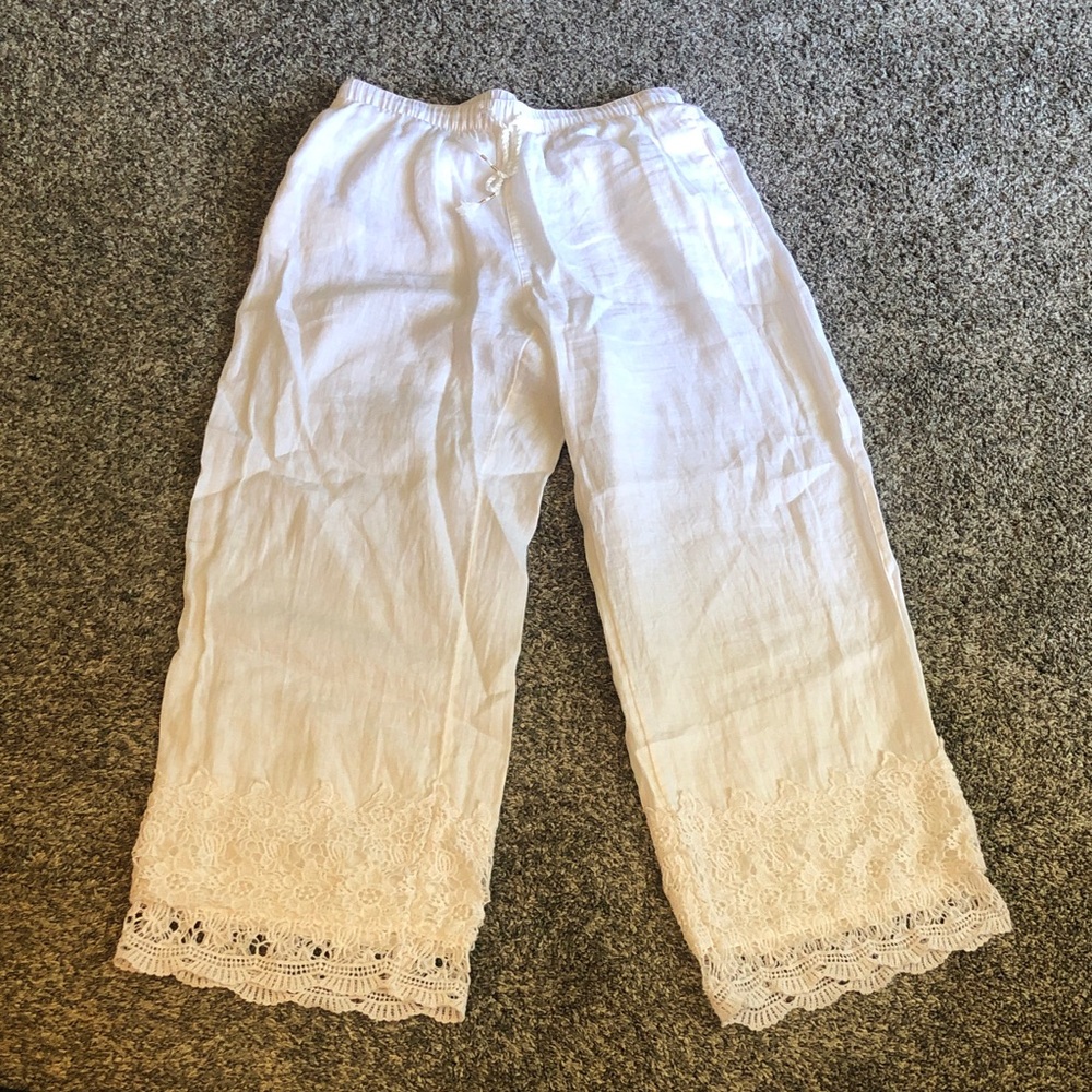 Cynthia Rowley White Lace Trim linen Casual Pants